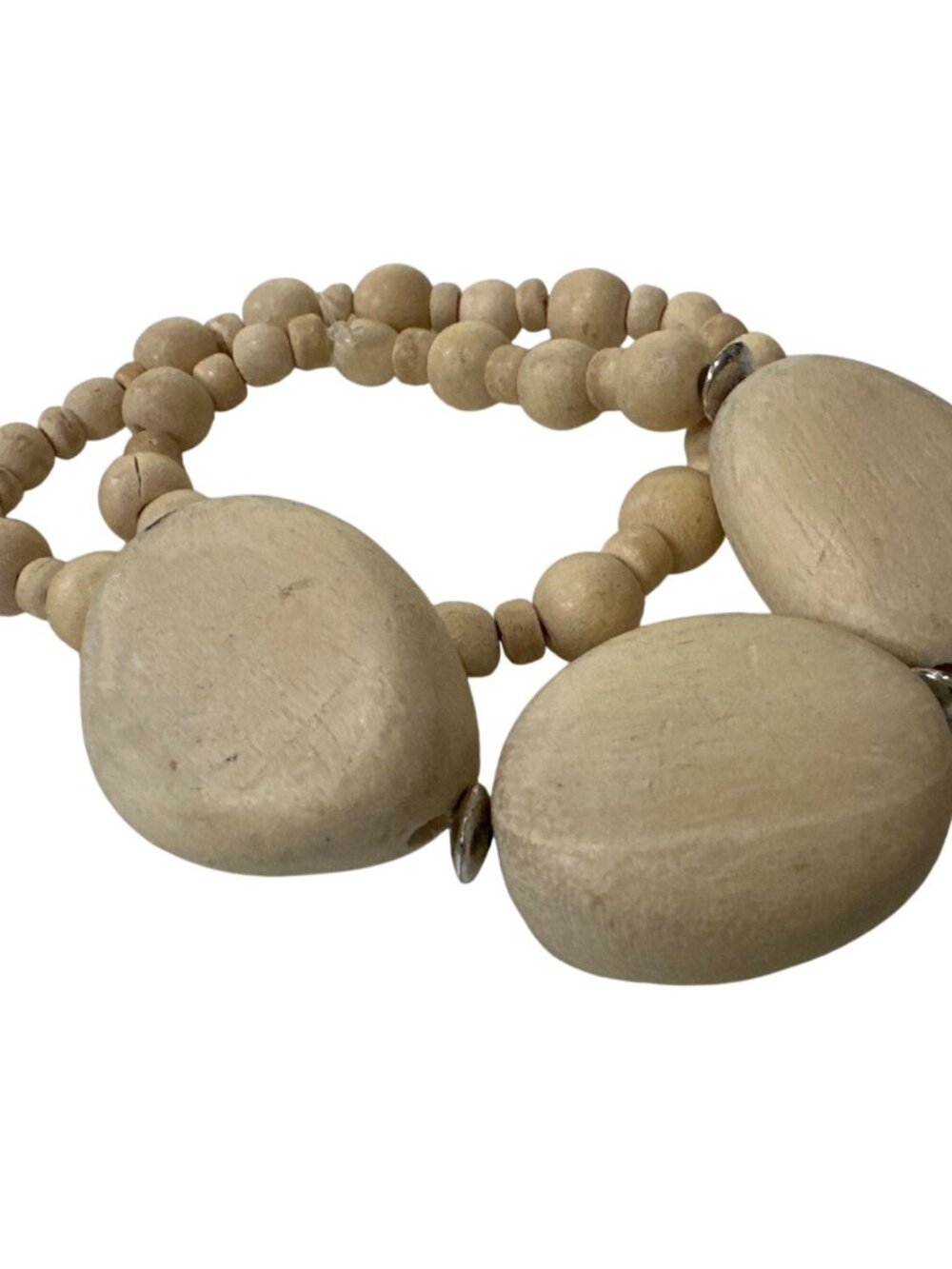 Wooden Beaded Bracelet Stretch Set With Large Oval Accents 2 Pieces Boho